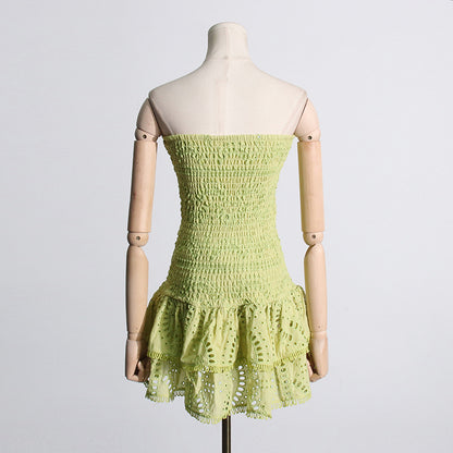 Spring Sexy Sexy Elastic Waist Tube Top Embroidered Ruffled Short Dress for Women