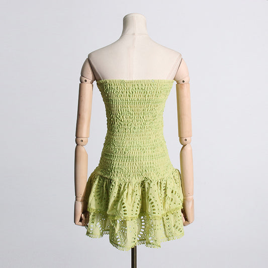 Spring Sexy Sexy Elastic Waist Tube Top Embroidered Ruffled Short Dress for Women