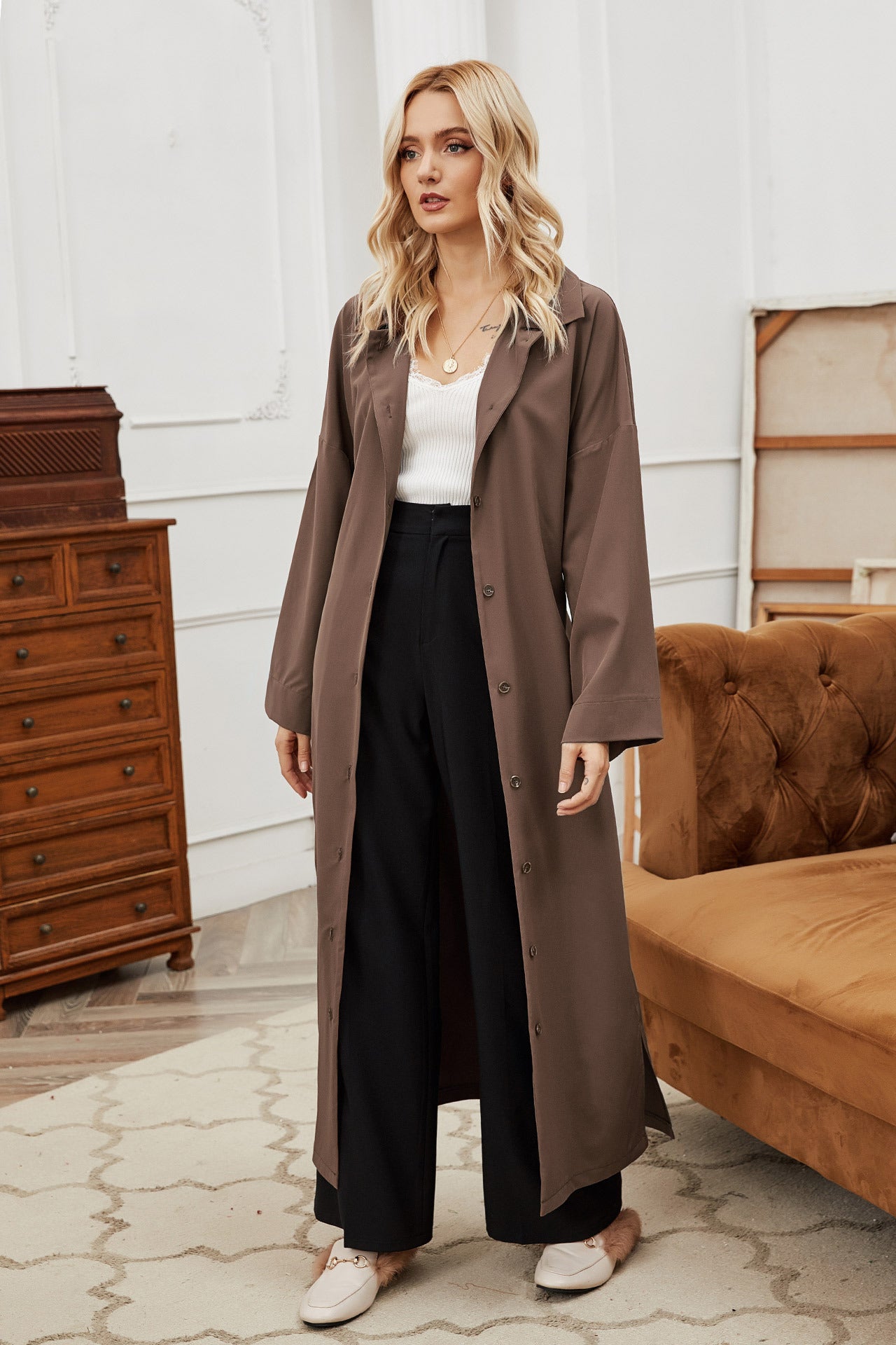 Autumn Winter Women Belt Single-Breasted Collared Large Swing Overknee Long Solid Color Coat - Iyanka
