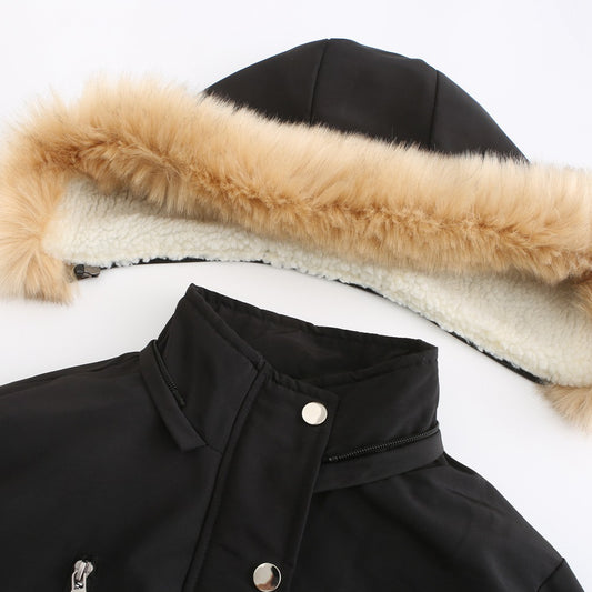 Autumn Winter Women Clothing Thick Lambskin Cotton-Padded Coat Women Loose Women Cotton Clothes Removable Hat Fleece Padded Coat - Iyanka