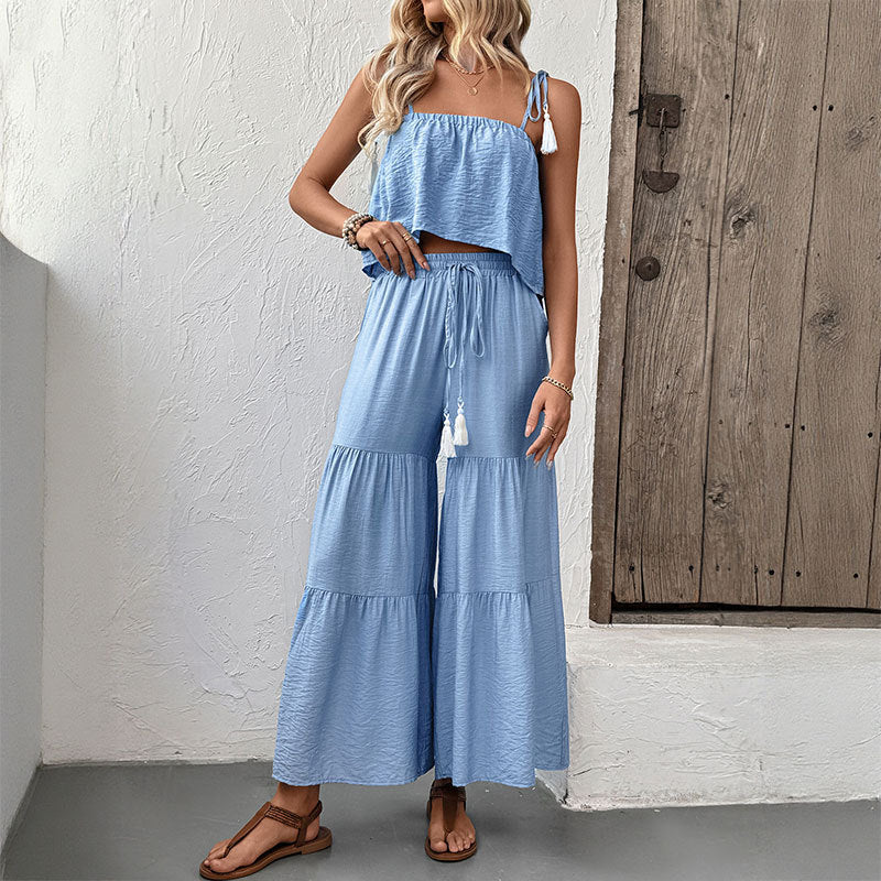 Fresh Air Sling Top Wide Leg Trousers Solid Color Set Two Piece Summer Wear Women - Iyanka