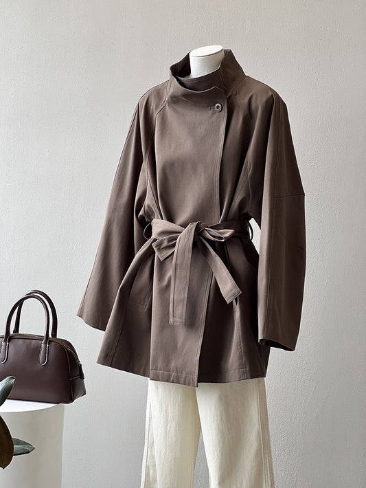 Retro Elegant Mid Length Trench Coat Women Spring Loose Waist Stand Collar Top - Iyanka