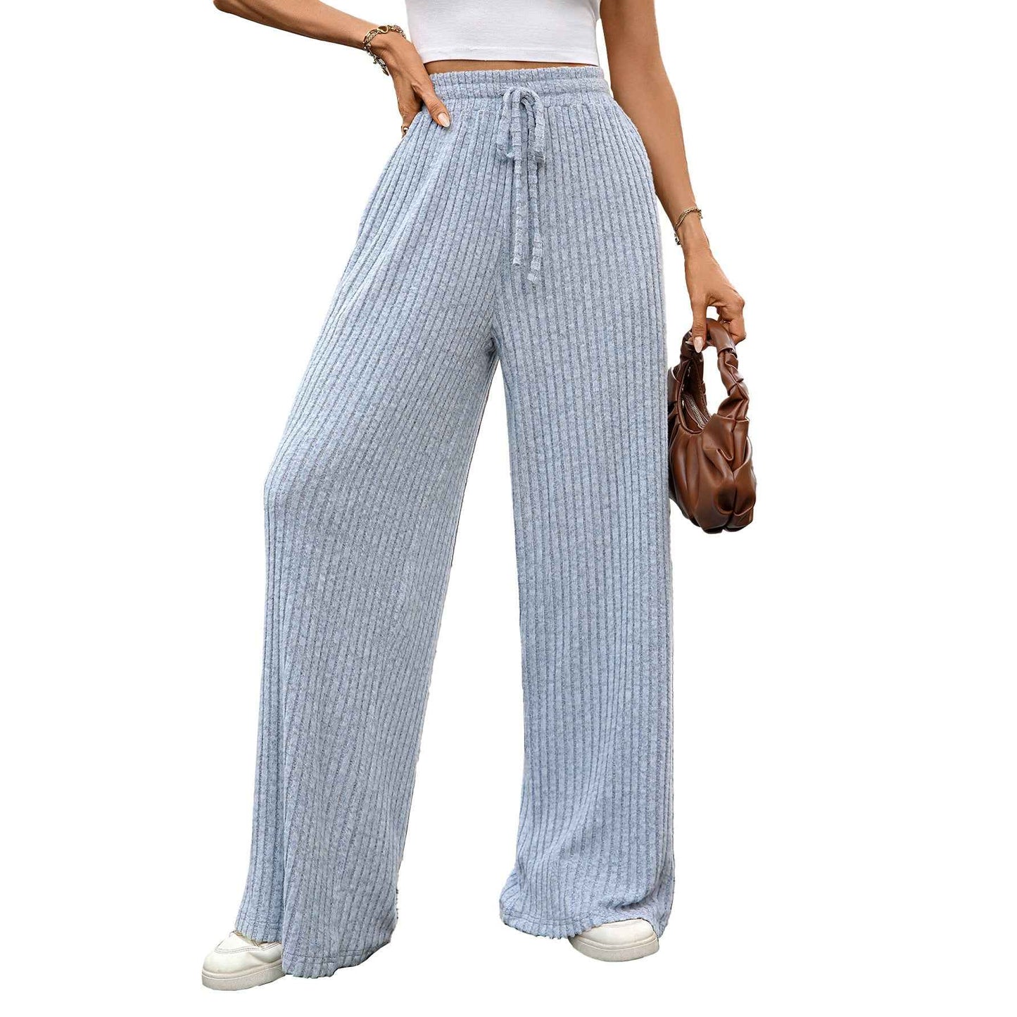 Autumn Winter Solid Color Drawstring Sunken Stripe Brushed Elastic Waist Casual Trousers