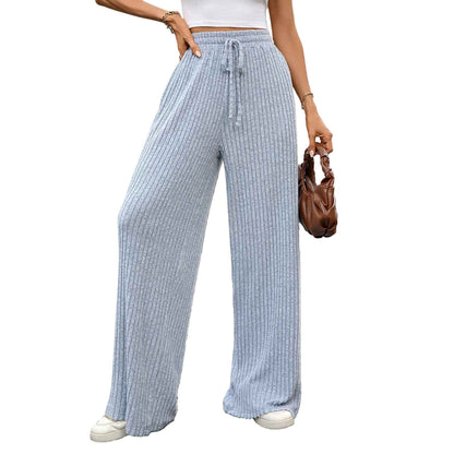 Autumn Winter Solid Color Drawstring Sunken Stripe Brushed Elastic Waist Casual Trousers