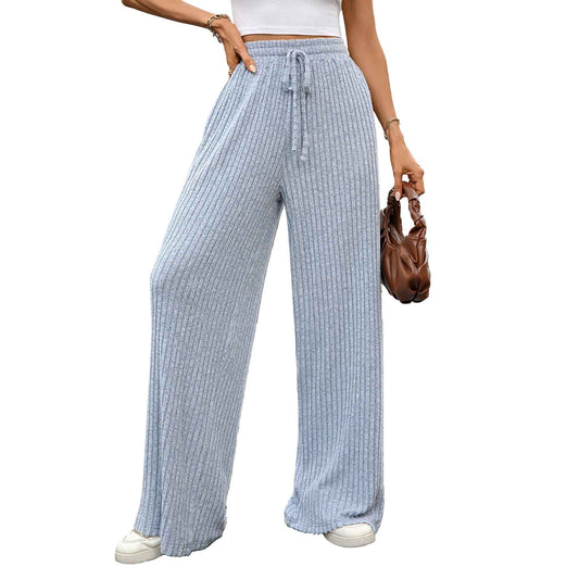 Autumn Winter Solid Color Drawstring Sunken Stripe Brushed Elastic Waist Casual Trousers