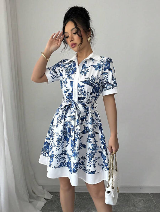 Women Clothing Summer Printing Lace up Waist Single Breasted Dress