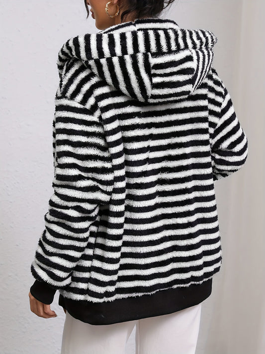 Autumn Winter Lazy Plush Design Black White Striped Hooded Jacket - Iyanka