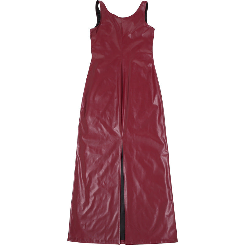 Autumn Sexy U Collar Slim Strap Faux Leather Solid Color Split Maxi Dress Women - Iyanka