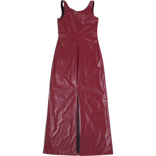 Autumn Sexy U Collar Slim Strap Faux Leather Solid Color Split Maxi Dress Women - Iyanka