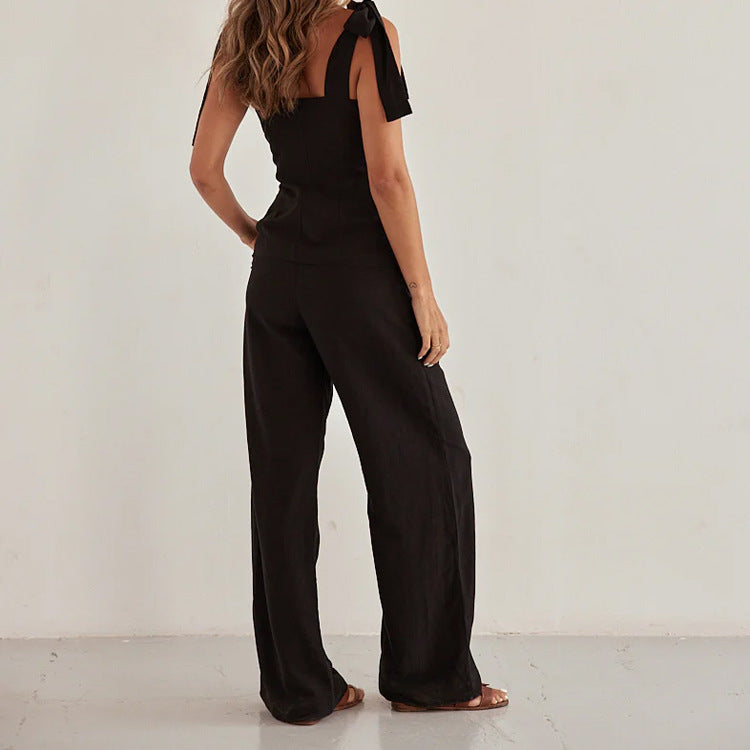 Spring Summer Black Bandeau Sling Top High Waist Wide Leg Pants Two Piece Set - Iyanka