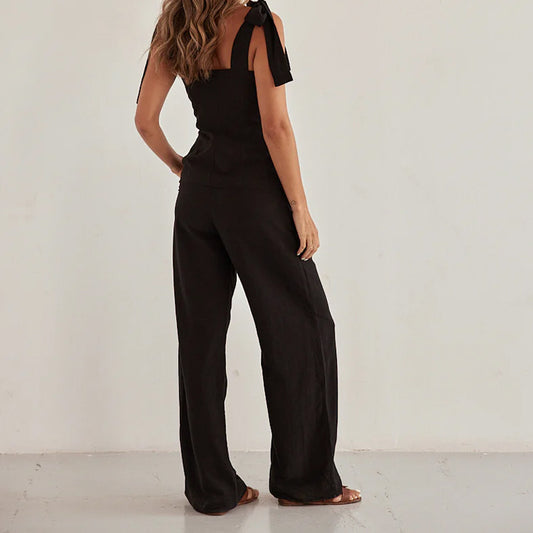 Spring Summer Black Bandeau Sling Top High Waist Wide Leg Pants Two Piece Set - Iyanka