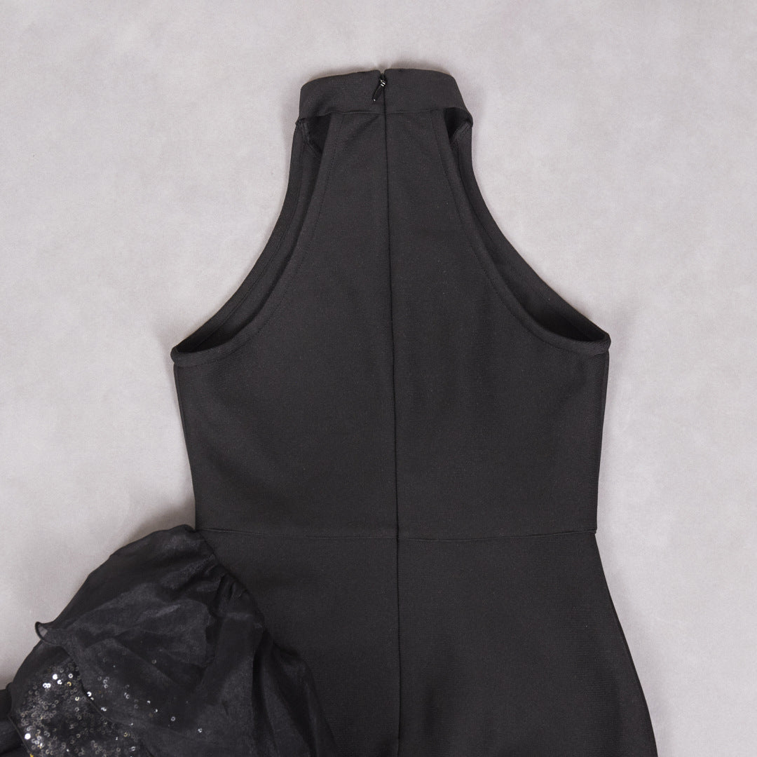 Ruffled Black Mesh Asymmetric Dress Long Party Sexy Cocktail Bandage Dress for Women - Iyanka