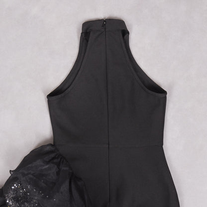 Ruffled Black Mesh Asymmetric Dress Long Party Sexy Cocktail Bandage Dress for Women - Iyanka
