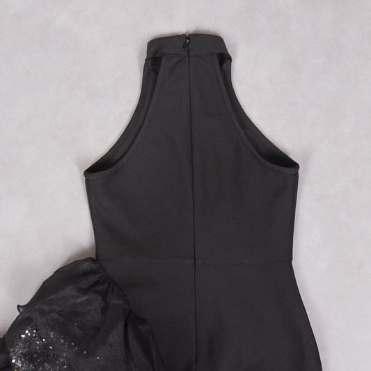 Ruffled Black Mesh Asymmetric Dress Long Party Sexy Cocktail Bandage Dress for Women - Iyanka