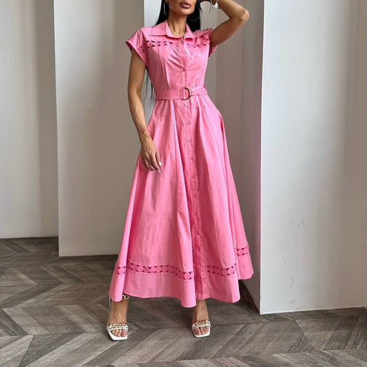 Solid Color Dress Summer Polo Collar Hollow Out Cutout out Belt Waist Trimming Short Sleeved Large Swing Dress Women