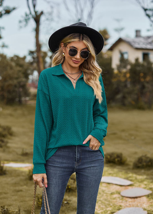 Autumn Winter Solid Color Polo Collar Loose Long Sleeve Sweatershirt Coat Women Jacket - Iyanka