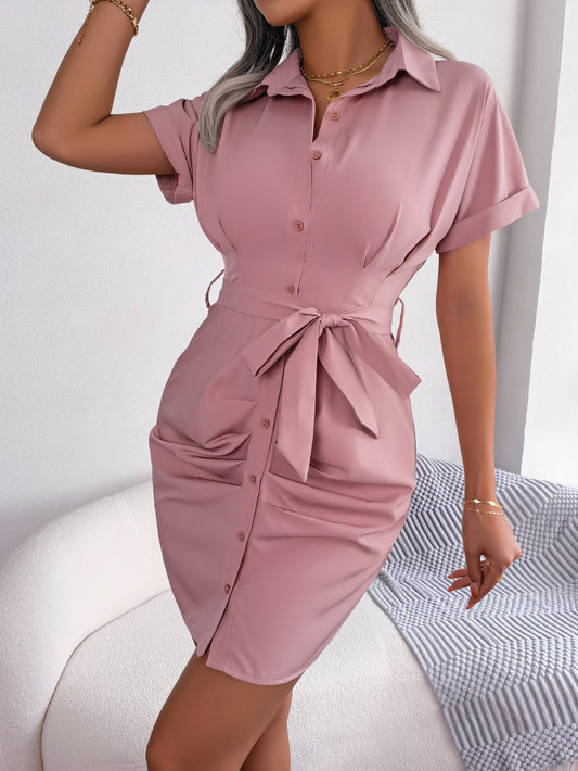 Summer Casual Solid Color Batwing Sleeve Waist Tight Folding Shirt Dress Women Clothing