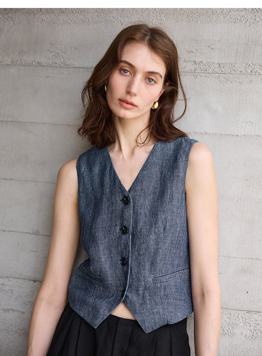 V neck Yarn Dyed Pure Linen Vest for Women Special Interest Design Vest Summer French Bandage Dress Vest - Iyanka