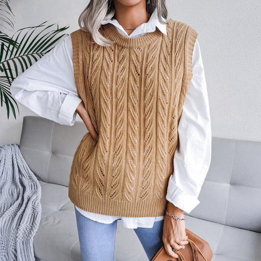 Autumn Winter round Neck Hollow Out Cutout Leaves Casual Knitted Vest Sweater Women Clothing - Iyanka