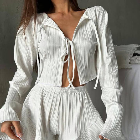 Summer Loose Casual Lace up Cardigan Top Shorts Home Two Piece Sets - Iyanka