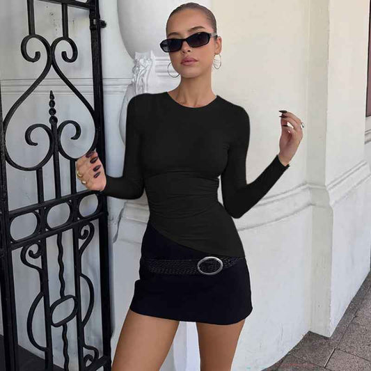 Women’s Summer Slim Fit Crew Neck Long Sleeve Beveled Top