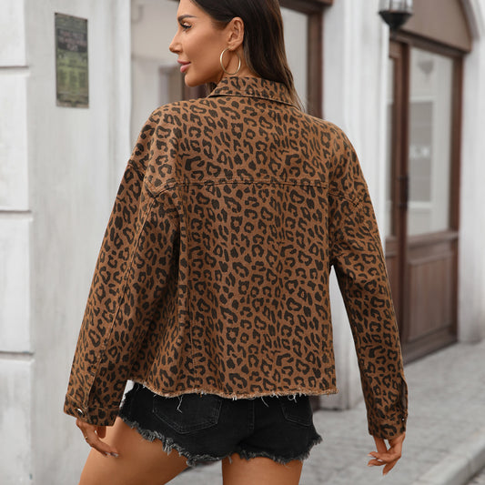 Women Clothing Loose Street Personality Leopard Print Denim Short Coat - Iyanka