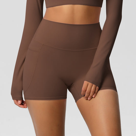 Solid Color Ribbon Pocket Yoga Pants Sports Fitness Shorts Breathable High Waist Belly Contracting Yoga Shorts for Women - Iyanka