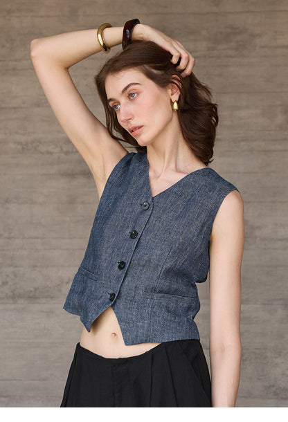 V neck Yarn Dyed Pure Linen Vest for Women Special Interest Design Vest Summer French Bandage Dress Vest - Iyanka