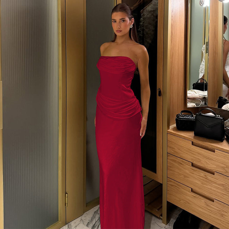 Summer Women Solid Color Graceful Satin Pleated Slim Tube Top Dress - Iyanka