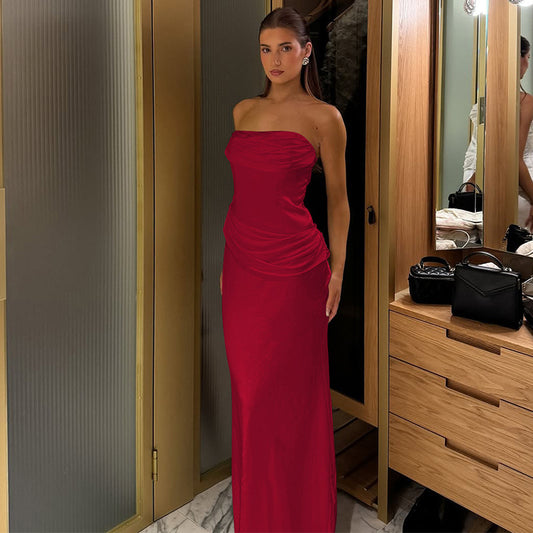 Summer Women Solid Color Graceful Satin Pleated Slim Tube Top Dress - Iyanka