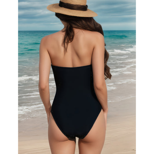 Solid Color Chest Push up Ring Bikini One Piece Swimsuit - Iyanka