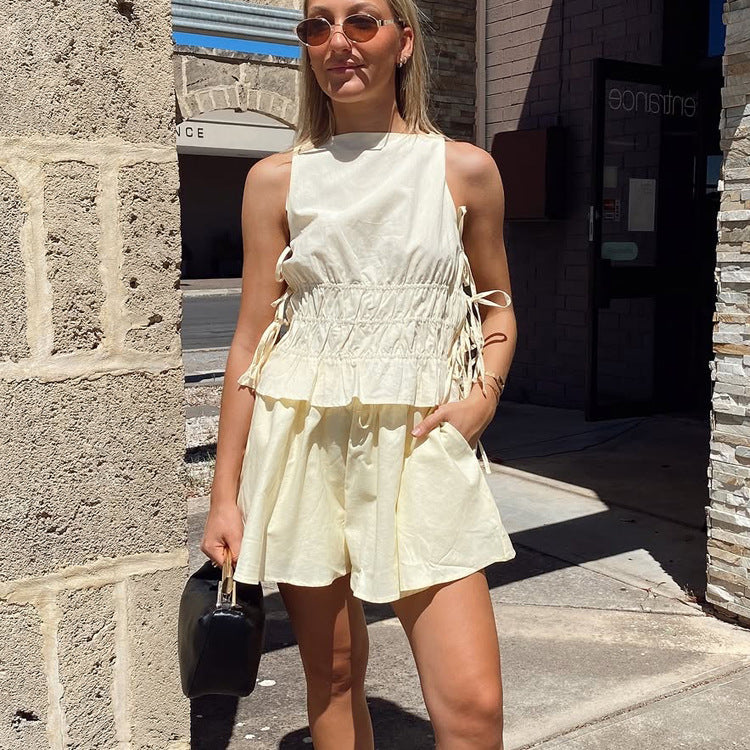Women Clothing Vest Shorts Set round Neck Design Sleeveless Lace up Top Two Piece Set - Iyanka