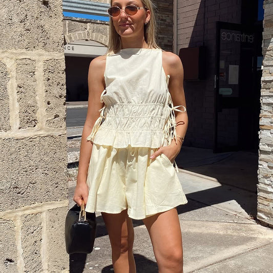 Women Clothing Vest Shorts Set round Neck Design Sleeveless Lace up Top Two Piece Set - Iyanka