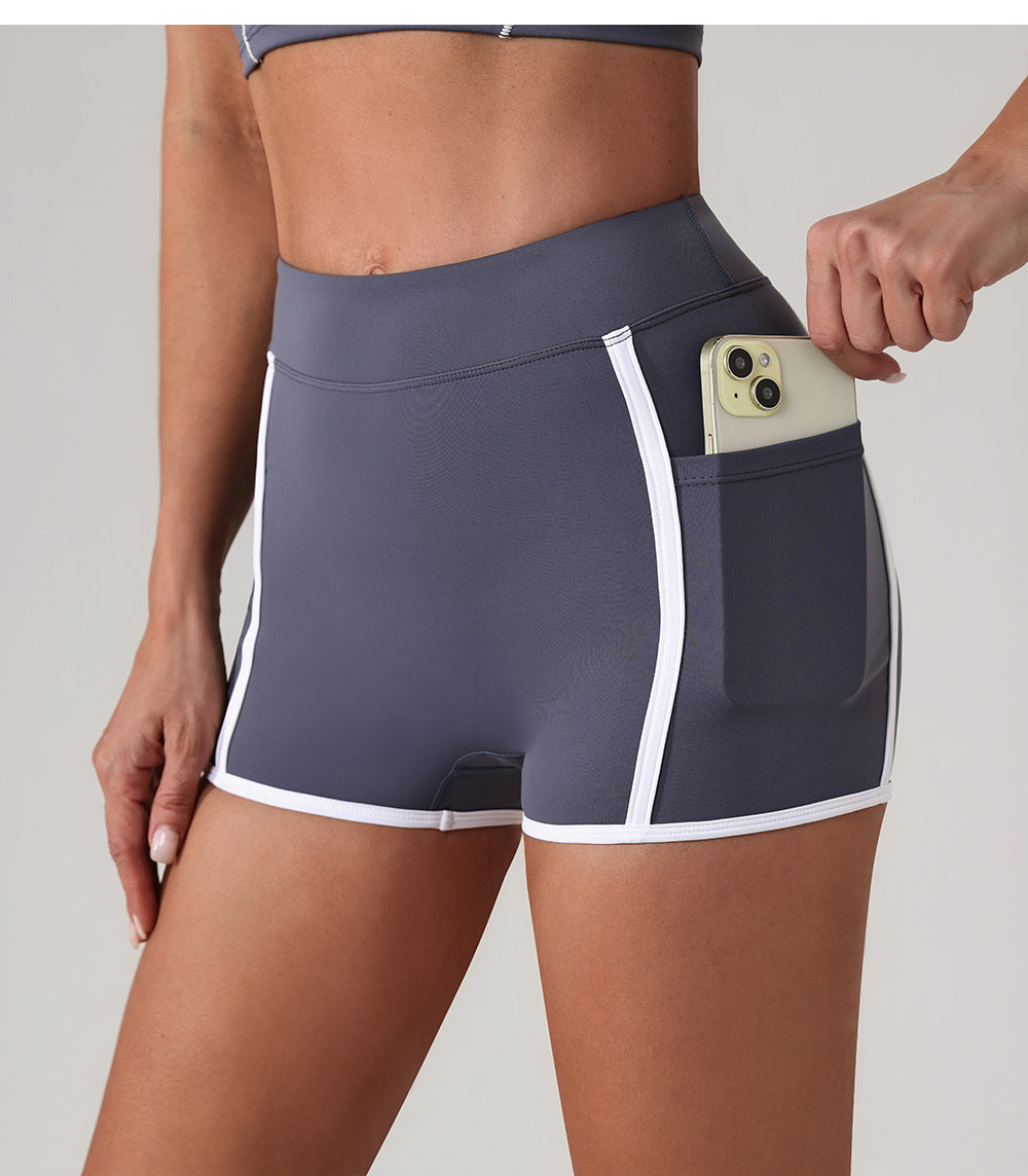 Women Yoga Shorts Pocket Nude Feel High Waist Tight Sports Pants Running Fitness Outer Shorts - Iyanka