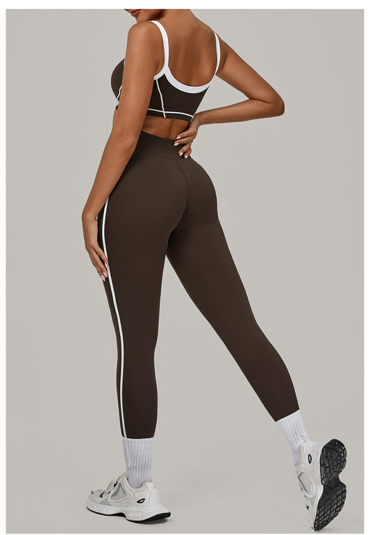Autumn Sand Color Contrast Patchwork Yoga Suit Skinny Slimming Outdoor Sports Running Fitness Two Piece Sets - Iyanka