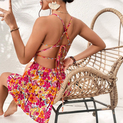 Women Clothing Vacation Dress Spring Summer Seaside Holiday Floral Square Collar Short Dress