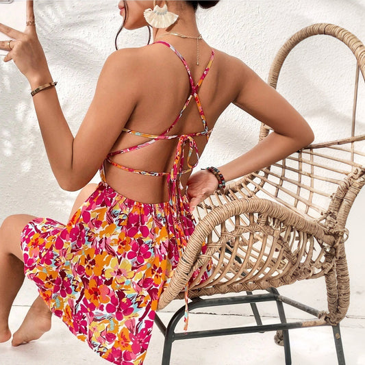 Women Clothing Vacation Dress Spring Summer Seaside Holiday Floral Square Collar Short Dress