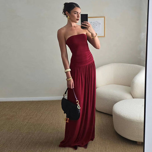 Women Clothing Solid Color Sleeveless Backless Slim Fit Pleated Tube Top Maxi Dress