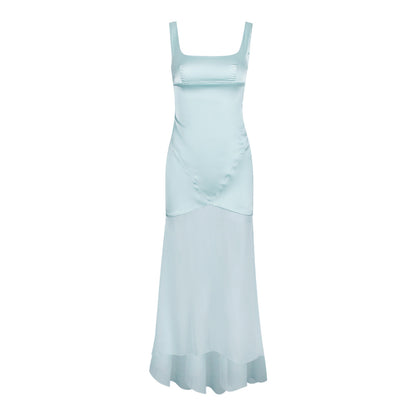 Women Spring High Grade Satin Chiffon Splicing Sling Sheath Forged Surface Dress Slim Fit Elegant Mop Dress - Iyanka
