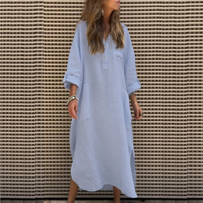 Women Spring Summer Elegant Solid Color Irregular Asymmetric Dress Simple Buttons Pocket Maxi Dress Women Clothing