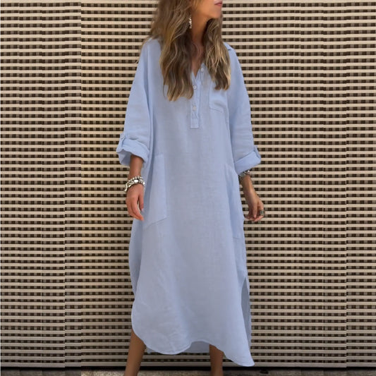 Women Spring Summer Elegant Solid Color Irregular Asymmetric Dress Simple Buttons Pocket Maxi Dress Women Clothing