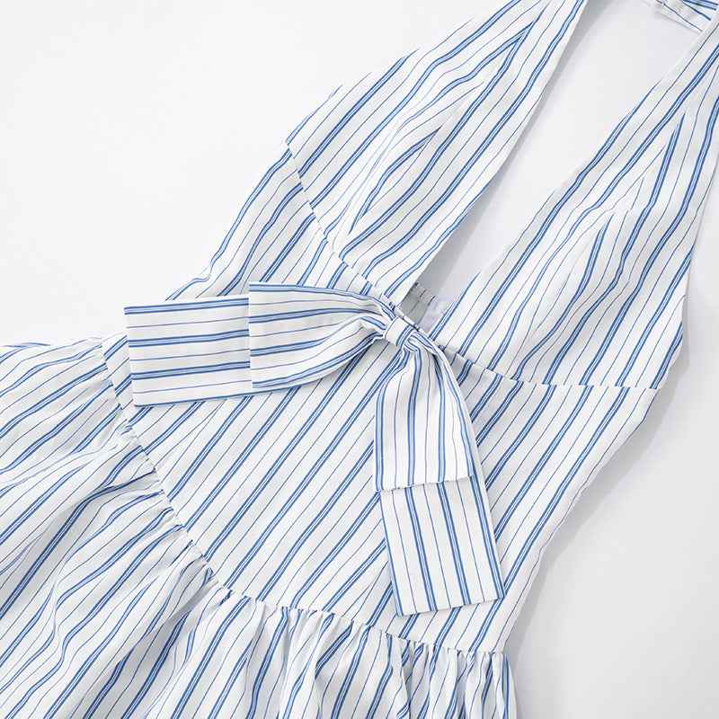Summer Striped Backless Dress for Women with French Bow Halter Design