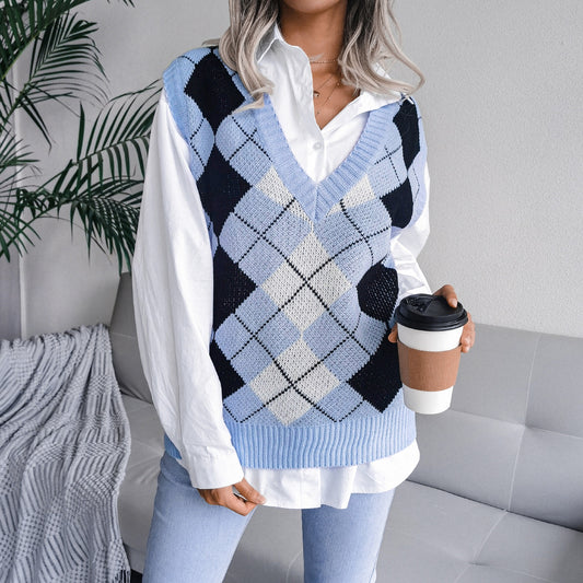 Autumn Winter College Rhombus V-neck Casual Loose Knit Vest Sweater Women Clothing - Iyanka