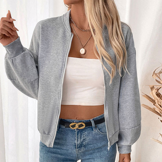 Retro Casual Simple Baseball Collar Long Sleeve Solid Color Thickened Coat Women - Iyanka