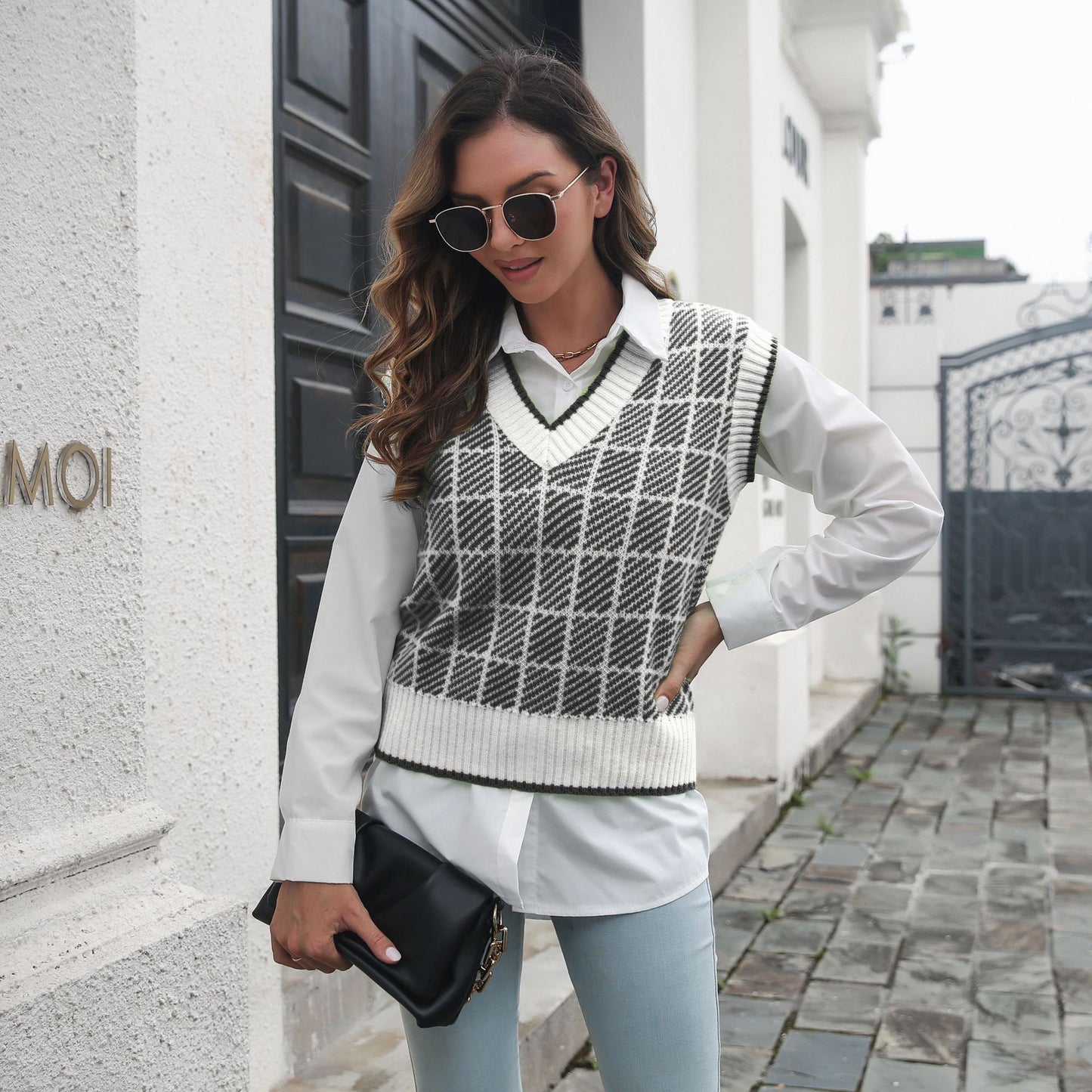 Plaid Striped V-neck Vest Sweater Women Vest Outer Wear Inner Wear Autumn Winter Knitwear Sweater - Iyanka