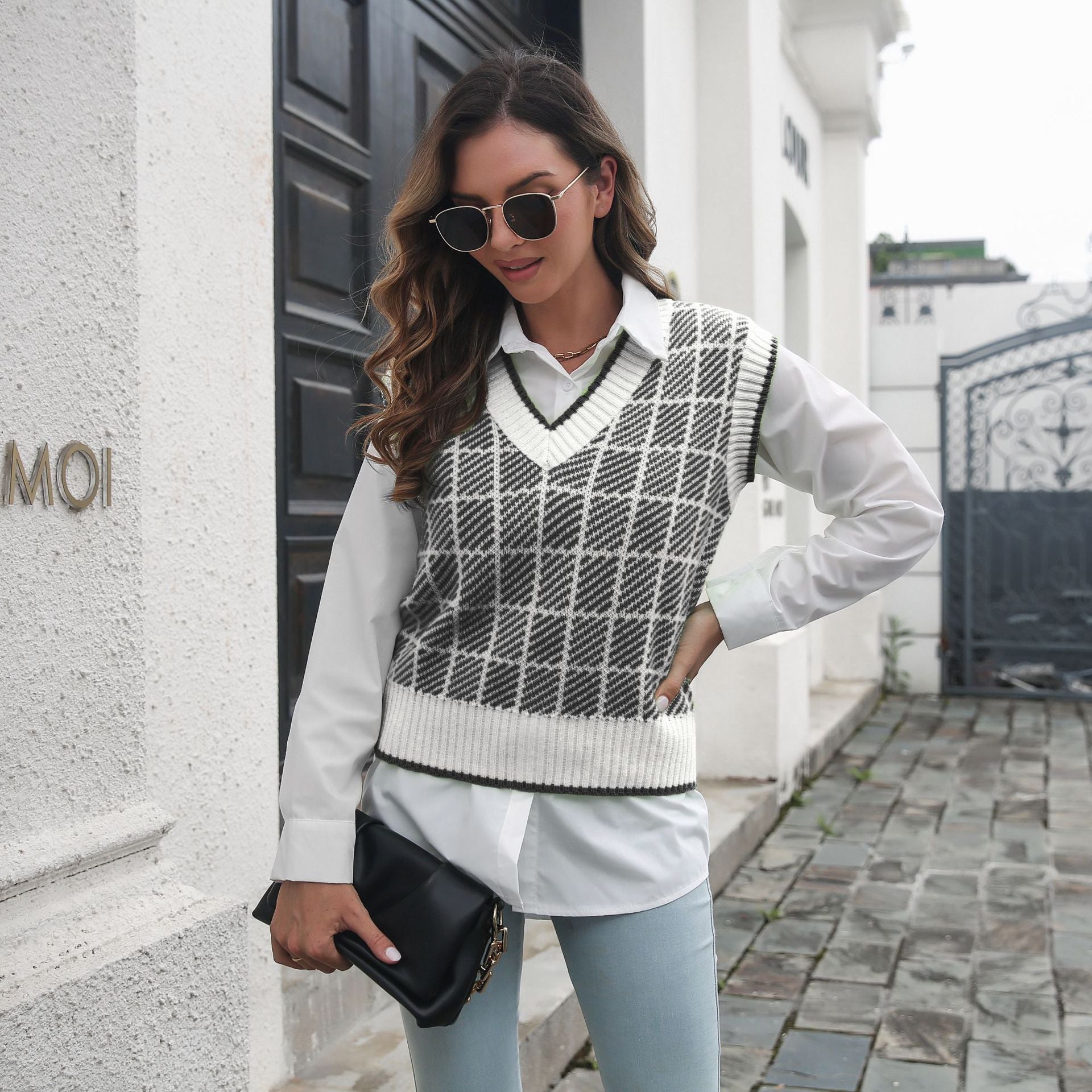 Plaid Striped V-neck Vest Sweater Women Vest Outer Wear Inner Wear Autumn Winter Knitwear Sweater - Iyanka