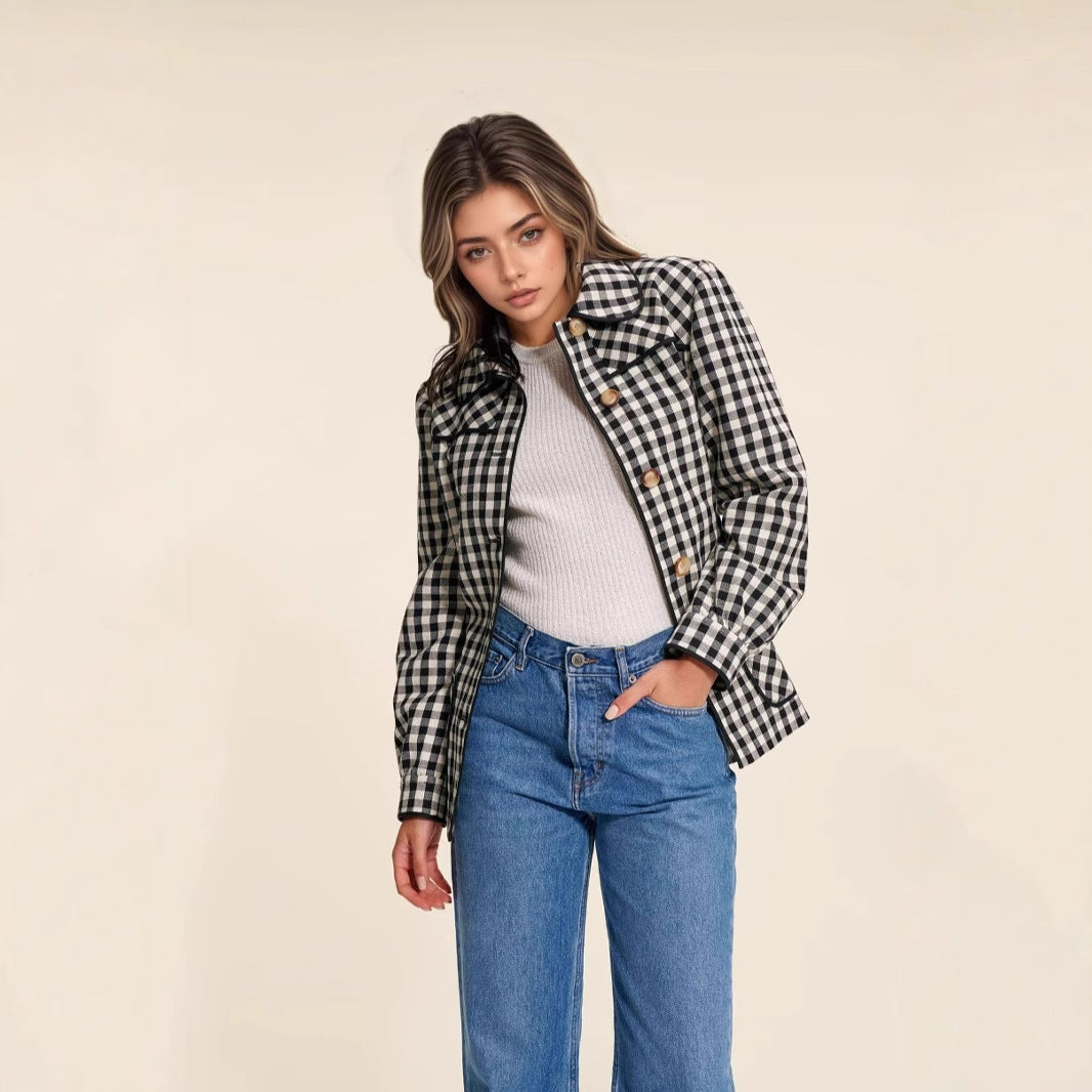 Women Wear Plaid Button Long Sleeve Peter Pan Collar Lace up All Match Slim Fit Cardigan Coat - Iyanka