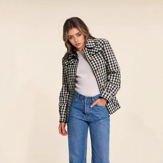 Women Wear Plaid Button Long Sleeve Peter Pan Collar Lace up All Match Slim Fit Cardigan Coat - Iyanka