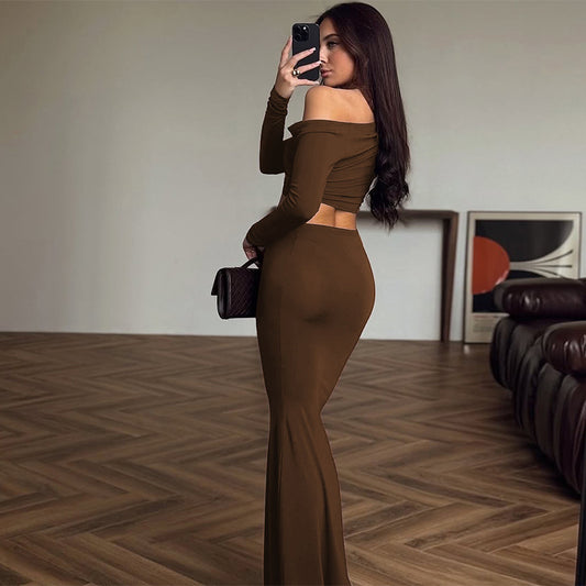 Best Seller in Women Clothing Summer Shoulder Baring Long Sleeved Top Slim Skirt Two Piece Sets Women - Iyanka