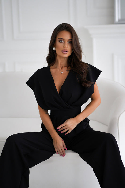 Women Summer Elegance Office V neck Tight Waist Solid Color One Piece Trousers - Iyanka